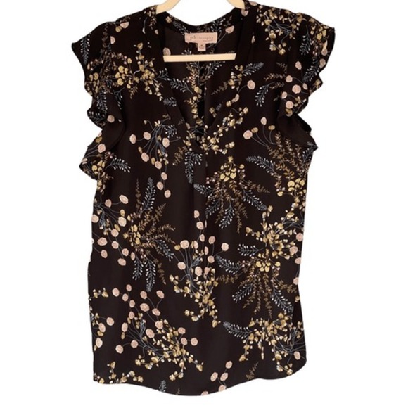Philosophy Floral Ruffle Sleeve Blouse V-Neck Top Elegant Black Medium - Picture 1 of 5
